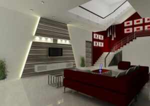 Bungalow Family room with Staircase interior design