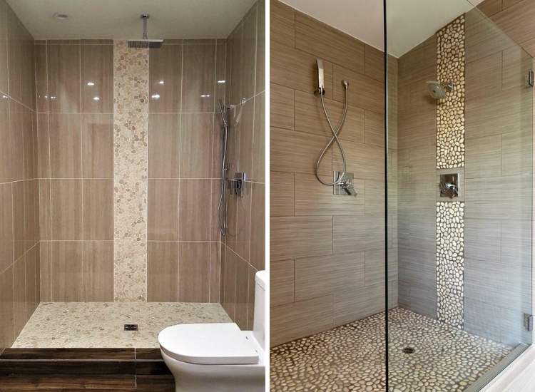 A stylish small bathroom showcasing a pebble tile floor combining sophistication and earthy aesthetics