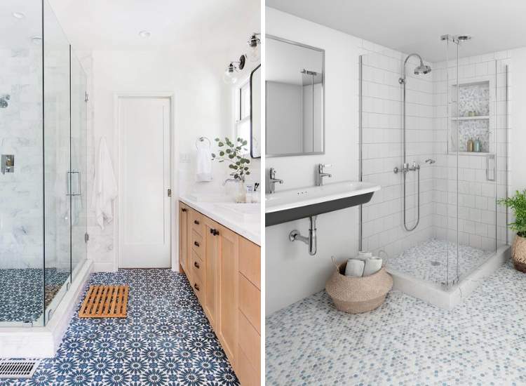 A bathroom with an elegant blue and white mosaic tile floor providing a sleek and modern look to the space