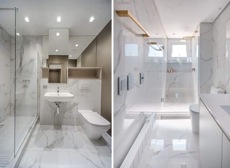 A modern bathroom designed with elegant marble tiles adding luxury and opulent look to the space