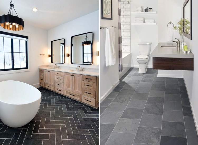 A spacious bathroom featuring a genuine slate tile floor creating a stunning look for the bathroom