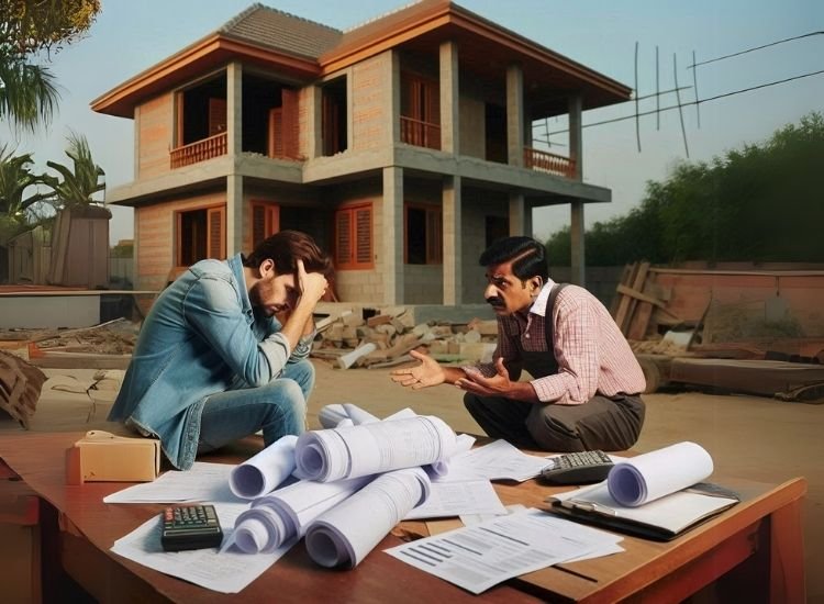 Homeowner discussing construction mistakes with a contractor at a house construction site.