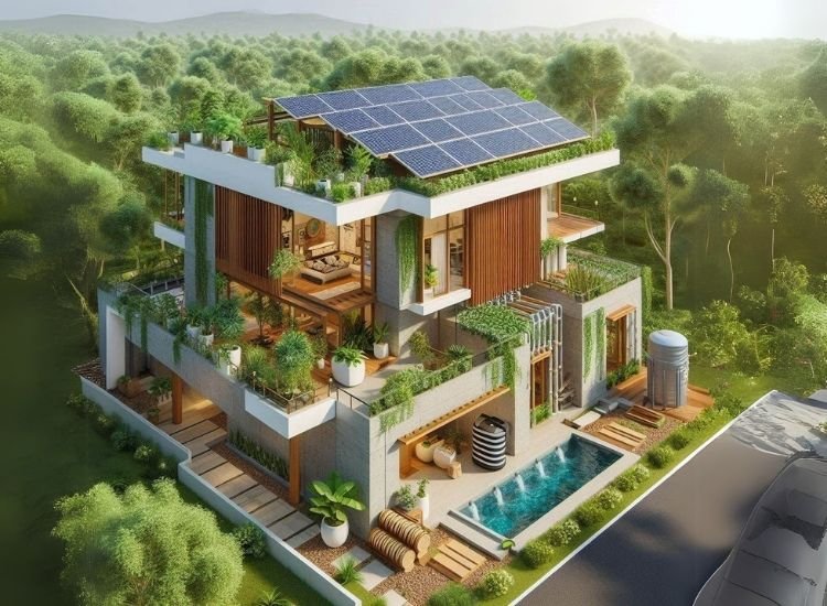 Eco-friendly house under construction with solar panels and rainwater harvesting.