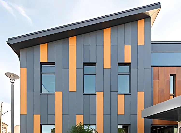 11. Fibre cement for house front design Durable fiber cement exterior on a house, providing a modern look with weather resistance and low maintenance for long-lasting appeal.