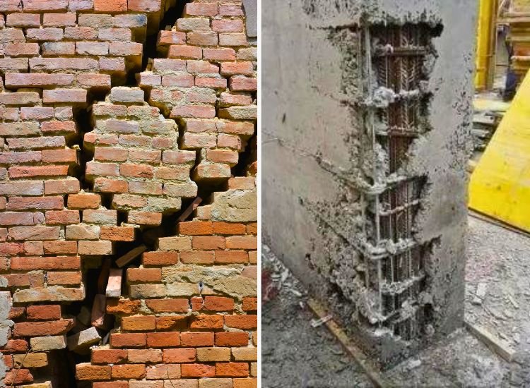 Two images: one showing poor construction quality by masonry work, and the second depicting a dispute arising from the substandard workmanship.