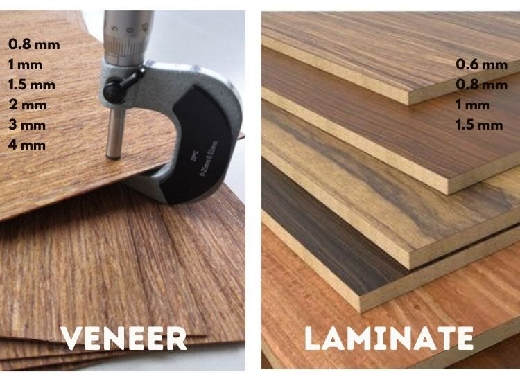 Thickness comparison of veneer and laminate, highlighting standard measurements and implications for durability and application.