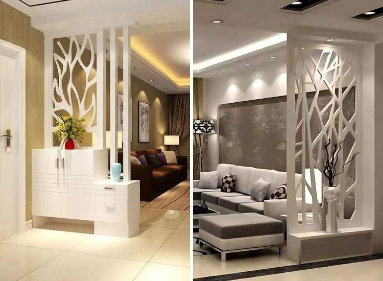 Stylish white patterned partition for a living room, adding a touch of elegance and division to the space.