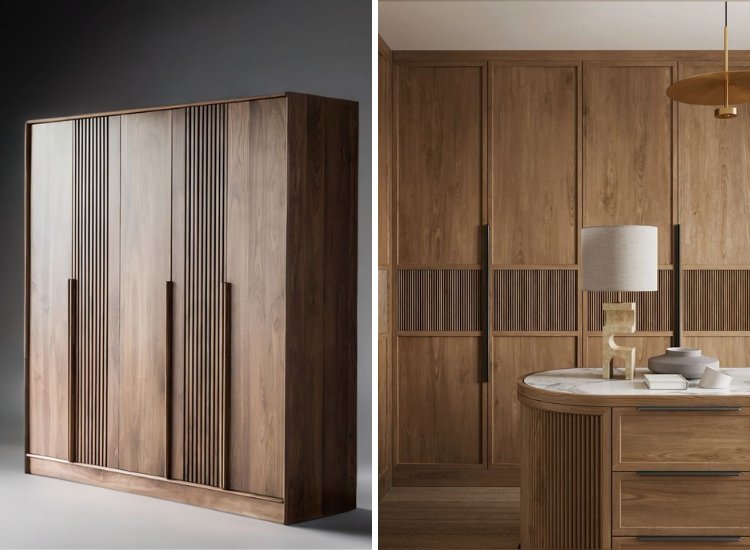 Two elegant wooden wardrobe designs showcasing rich textures and finishes, combining classic craftsmanship with modern functionality.