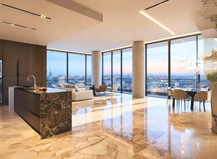 12. Marble And Granite Flooring Penthouse design showcasing the best materials and finishes, including polished marble, rich wood textures, and high-end metals for a premium, sophisticated look.