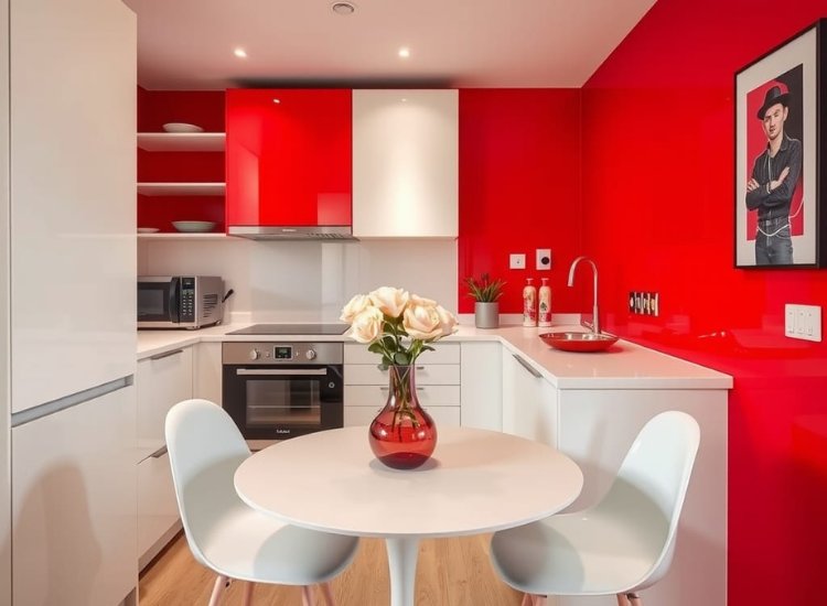 Bold red walls in a small kitchen paired with white accents, creating a striking contrast and an energizing, modern vibe.