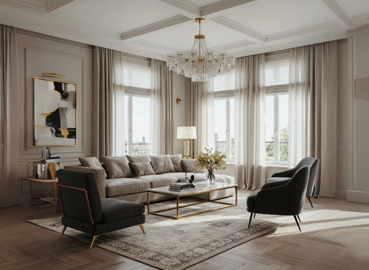 12. Traditional Luxury 1 1 Living room decorating idea with rich, timeless furniture, classic patterns, and a vibe so regal, even the curtains have crowns.