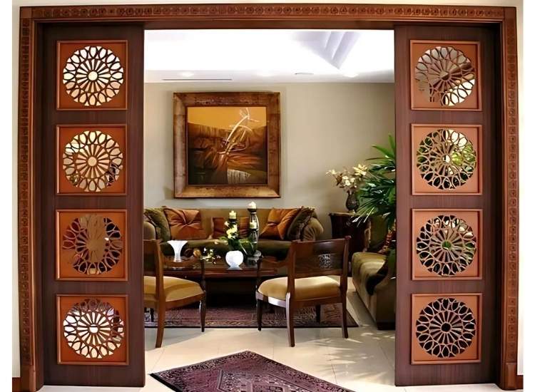 Beautiful wooden carved partition for a living room, showcasing intricate designs and enhancing the room's warmth.