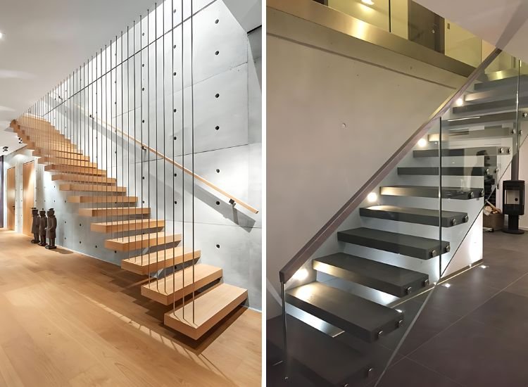 Stunning cantilever staircase design with a glass railing, creating an open, airy feel while showcasing modern architectural elegance.