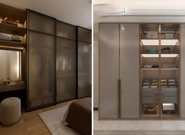 13. Glass Wardrobe Design Modern matte finish glass wardrobe design that combines sleek lines with a minimalist aesthetic, enhancing any contemporary bedroom space.