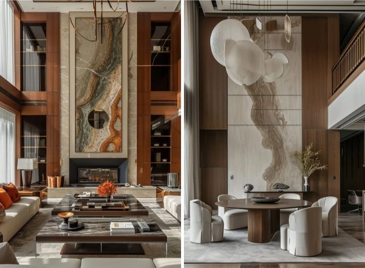 13. Wooden Walls finishes in double height living room design Warm wooden wall finishes in a double-height living room, adding natural beauty and texture to the spacious, inviting atmosphere.