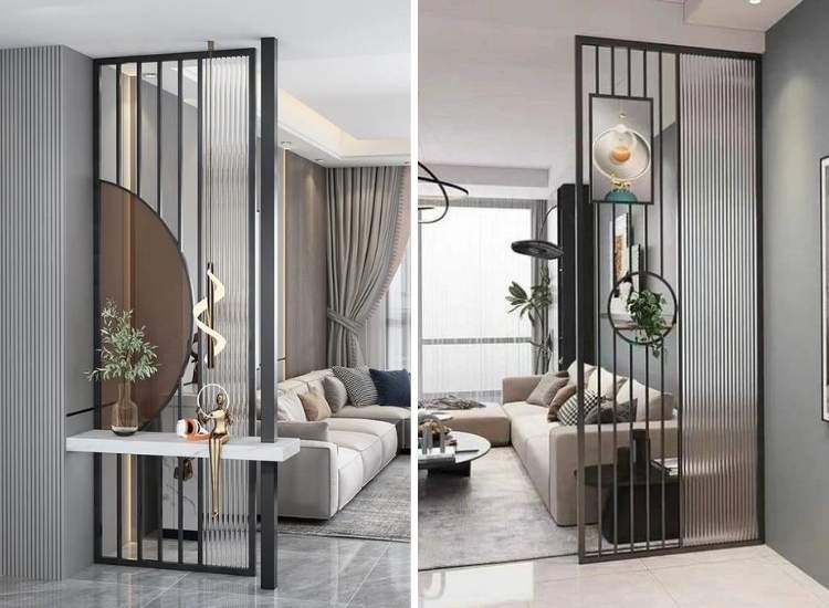 Budget-friendly glass and metal living room partition design, combining style and functionality for modern interiors.