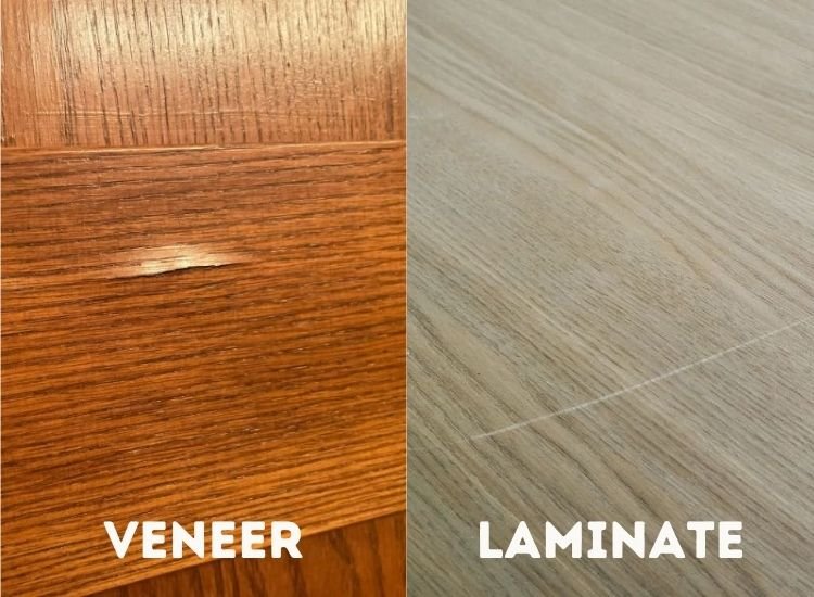 Comparison of scratches on veneer and laminate, detailing susceptibility, visibility, and repair options for each material.