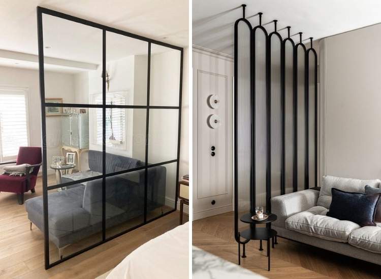 Sleek black metal and glass partition design for a living room, providing a contemporary and stylish separation of space.