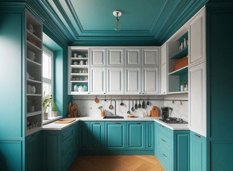 Bold teal walls and ceiling in the kitchen, complemented by white cabinets, creating a striking and vibrant design.