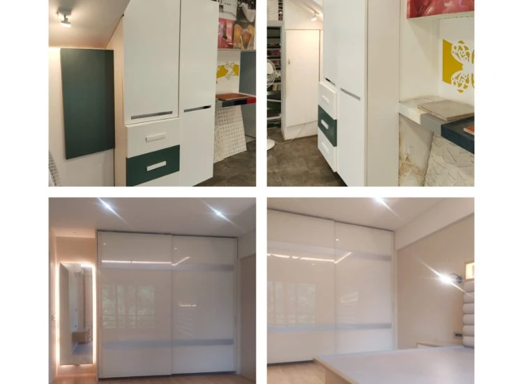 15. Corian Wardrobe Designs Corian wardrobe design showcasing seamless surfaces and a variety of finishes, offering a durable and stylish solution for modern interiors.