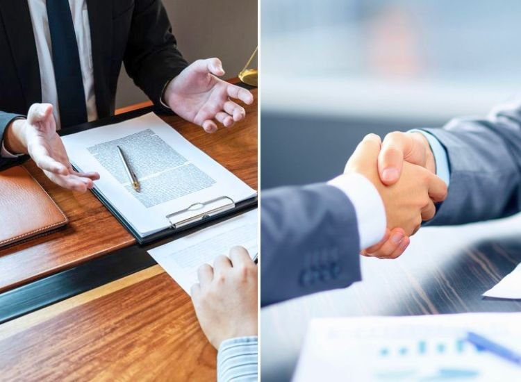 A lawyer advising a person on legal matters, with another image showing the successful settlement of the issue through a handshake.