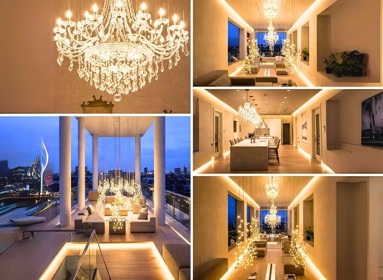 15. Statement Lighting Penthouse design featuring bold statement lighting fixtures, including modern chandeliers, pendant lights, and sculptural lamps that elevate the space with elegance.