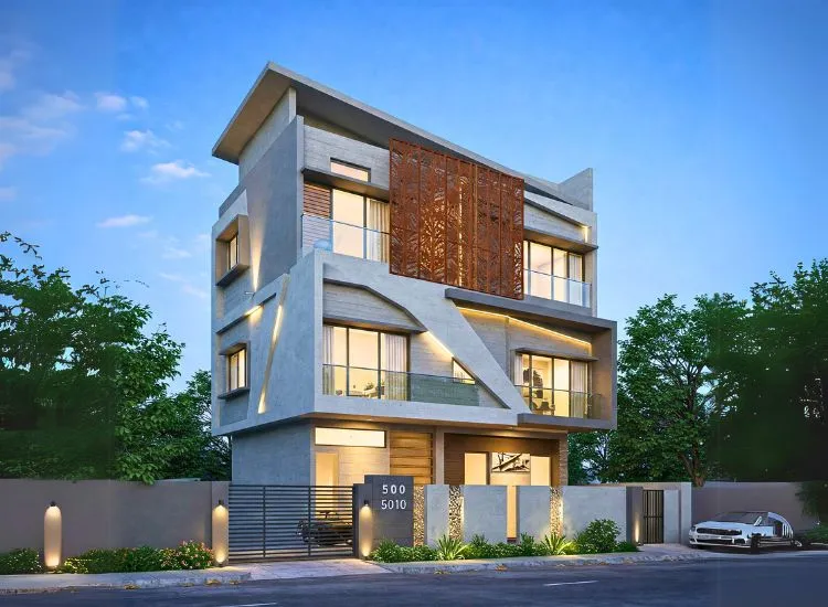 16. Geometric And Asymmetrical Design Enhance your two-floor home with geometric and asymmetrical shapes! Create a bold, modern elevation with unique and dynamic design elements.