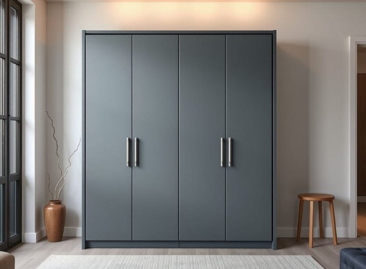 Steel wardrobe design integrated into a bedroom, combining durability with a sleek, industrial aesthetic for practical storage.