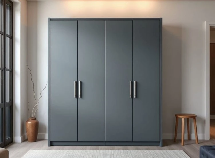 16. Steel Wardrobe Design Steel wardrobe design integrated into a bedroom, combining durability with a sleek, industrial aesthetic for practical storage.