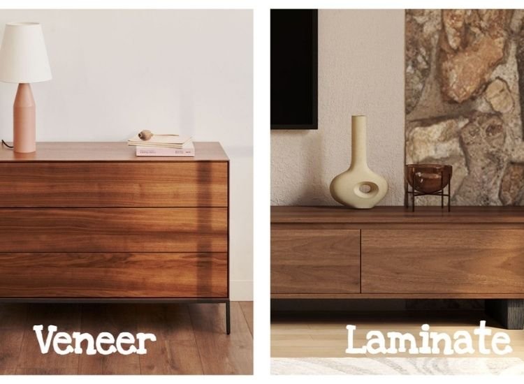 Tactile comparison of veneer and laminate, highlighting the warmth and natural feel of veneer versus the smooth, synthetic texture of laminate.