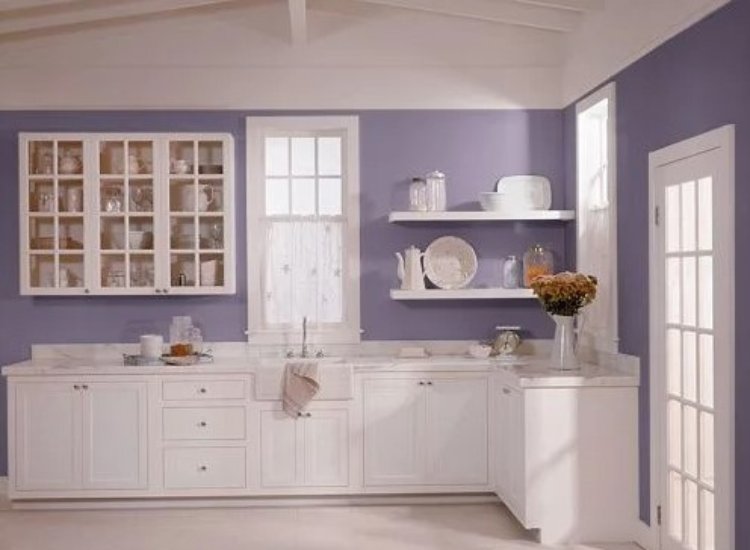 Lavender kitchen walls creating a soothing and elegant atmosphere, enhancing the space with a soft and calming hue.