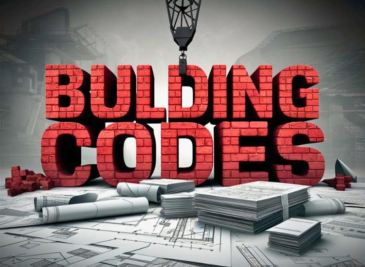 "Building codes" text styled in brick design, a bunch of paperwork on a table with a background of ongoing home construction activities.