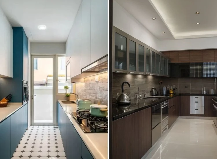 18. Kitchen Countertop Design Elegant white kitchen featuring wooden cabinets and shelves, complemented by a beautiful countertop design
