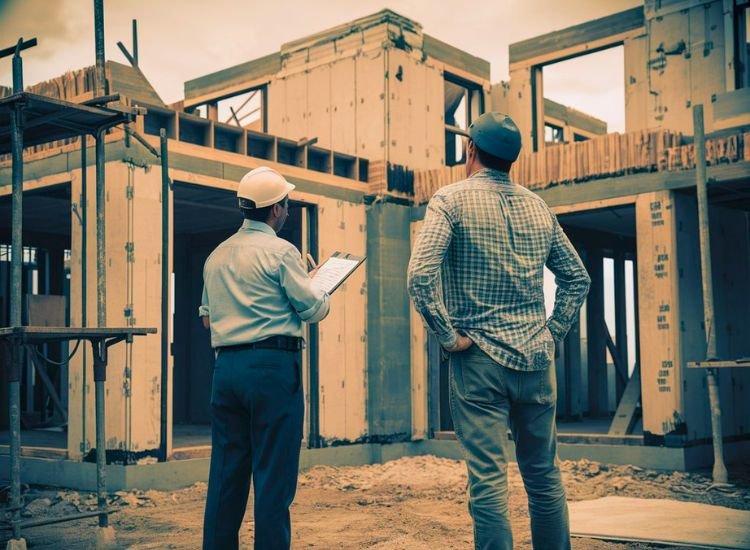 The homeowner and a government inspection officer reviewing the home construction to ensure compliance with regulations and standards.