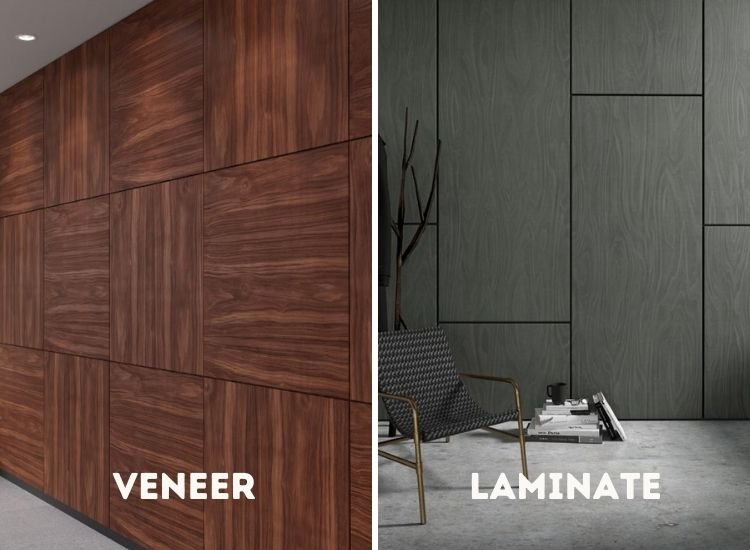 Veneer and laminate wall paneling designs for various spaces, illustrating versatility and style for living rooms.