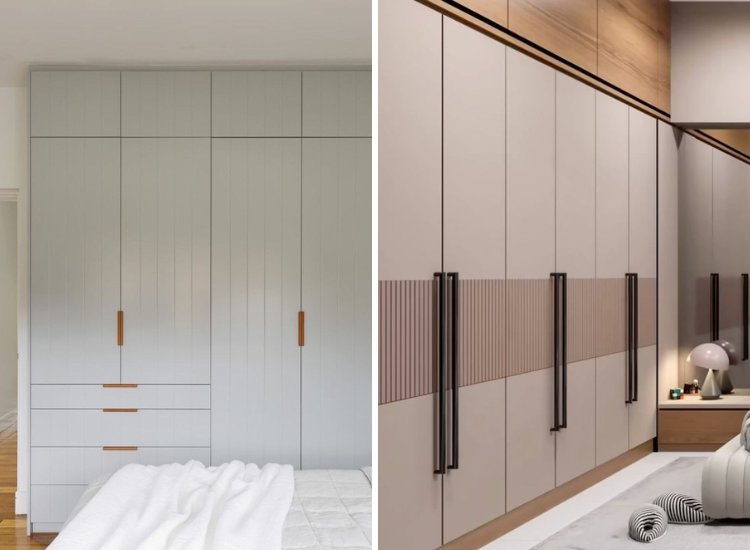 Modern bedroom wardrobe featuring a stylish design in peach and light green hues, blending functionality with contemporary aesthetics.