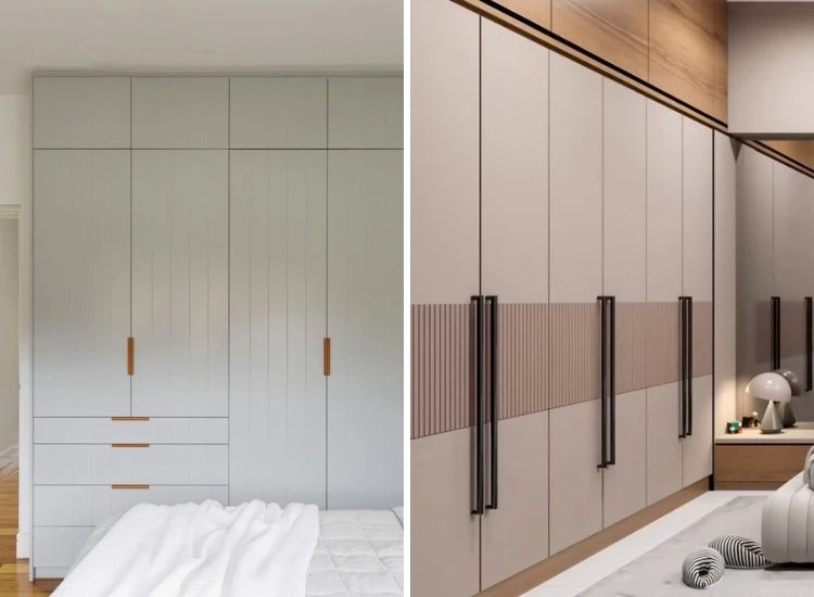 2. Modern Wardrobe Design Modern bedroom wardrobe featuring a stylish design in peach and light green hues, blending functionality with contemporary aesthetics.