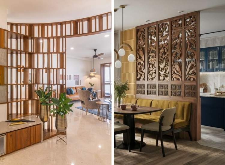 Intricate carved wooden partition design separating a foyer and living room, adding elegance and character to the space.