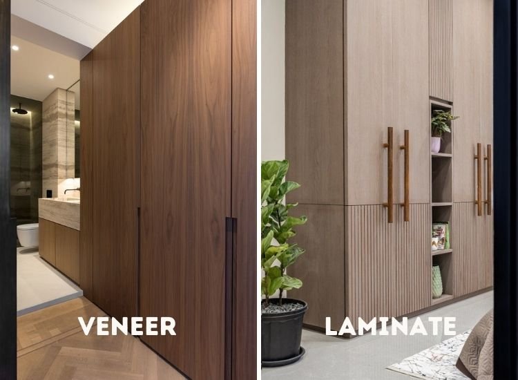 Veneer vs. laminate comparison for wardrobe design, highlighting aesthetics, durability, and maintenance for optimal style and functionality.