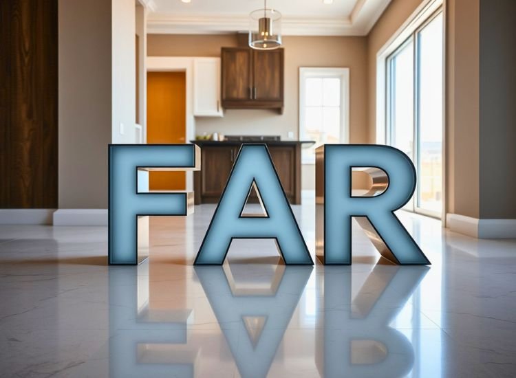 Text 'FAR' polished and aligned with home flooring, visually demonstrating the floor area ratio in relation to the space.