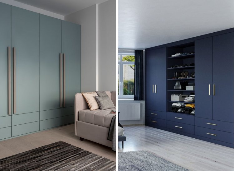 Hinged door wardrobe with drawers below, combining traditional style with practical storage options for a well-organized bedroom.