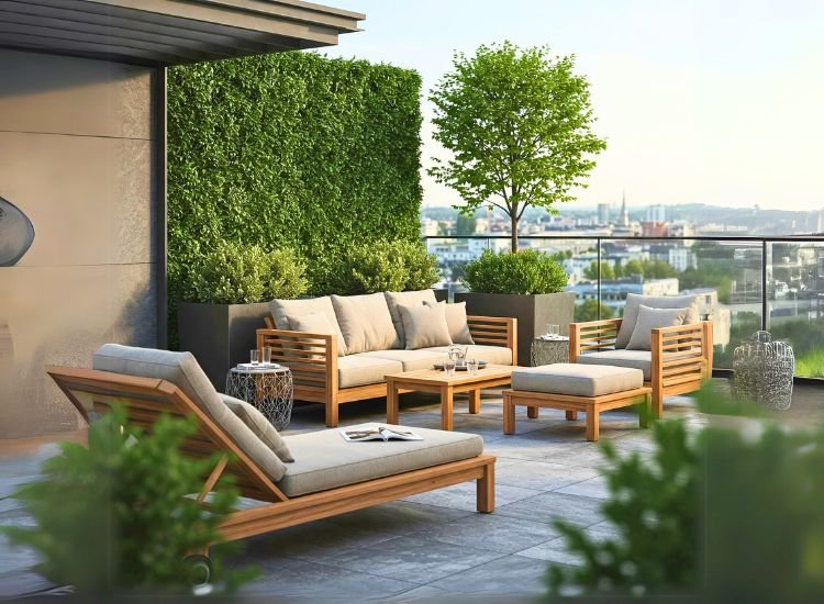 21. Outdoor Resistant Materials Penthouse design incorporating outdoor-resistant materials like weatherproof furniture, durable flooring, and UV-resistant fabrics, perfect for rooftop terraces and balconies.