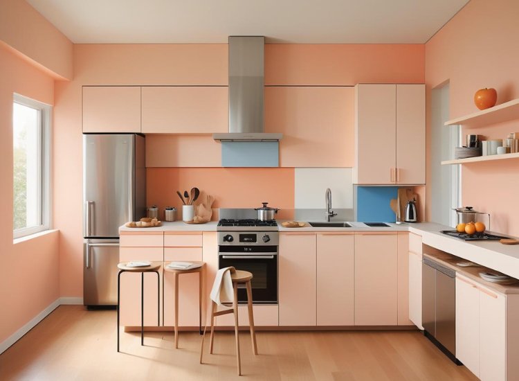 Peach hue on the walls of a small kitchen, adding warmth and a cheerful ambiance while creating a cozy, inviting space.