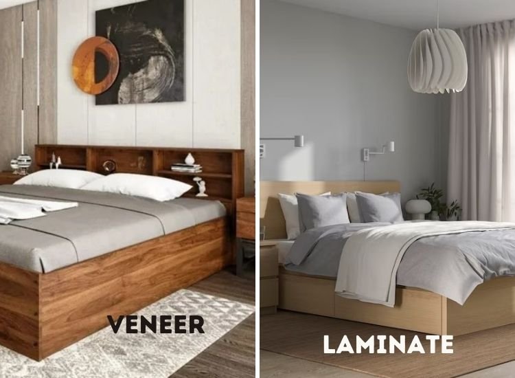 Veneer vs. laminate design comparison for beds, showcasing aesthetic differences, durability, and suitability for various bedroom styles.