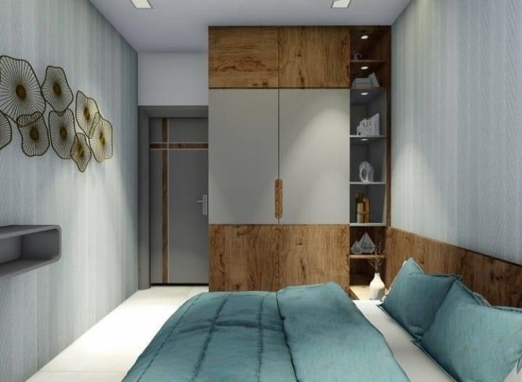 Hinged door wardrobe with loft furniture, maximizing vertical space and providing stylish storage solutions for a functional bedroom layout.