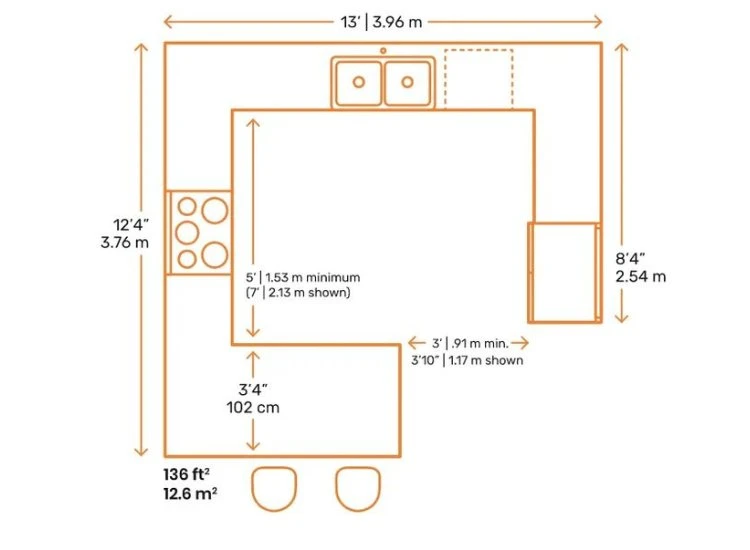 22. Peninsula Kitchen Layout Blueprint layout of a peninsula kitchen, illustrating an efficient design with a central countertop extension for added workspace and seating.