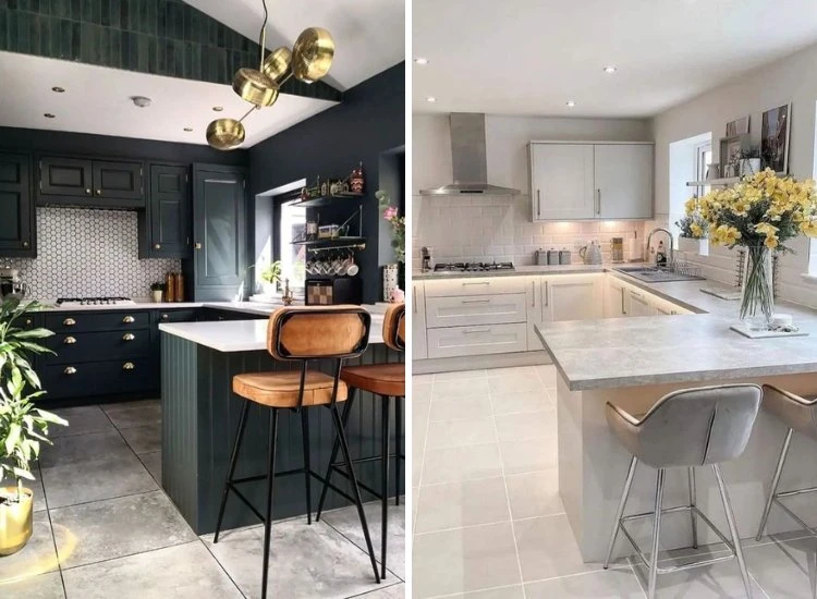 23. Peninsula Kitchen Design Two elegant peninsula kitchen layouts featuring modern aesthetics, stylish finishes, and functional spaces for cooking and entertaining.