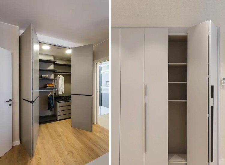 Folding door wardrobe design, maximizing space with its compact style while providing easy access to organized storage in any bedroom.