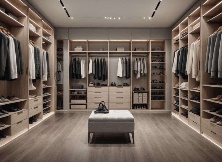 Modern walk-in wardrobe design featuring open shelving and elegant storage solutions, creating a spacious and organized dressing area.