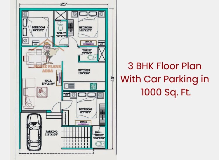 A modern 3bhk house plan with car parking and ample space for designing the interiors. The plan of this layout is in 1000 sq. ft.(25' x 40')